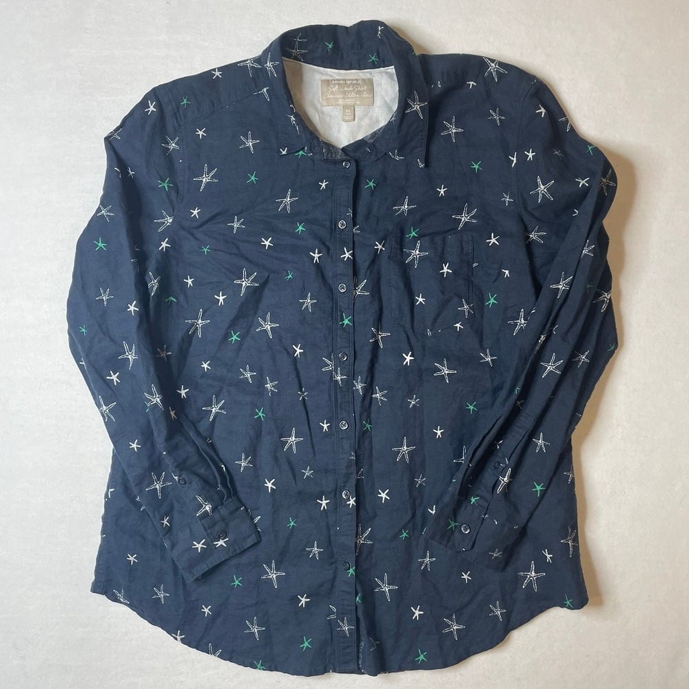 Banana Republic Soft Wash Shirt Womens XL Blue Green Starfish Linen Cotton Blend